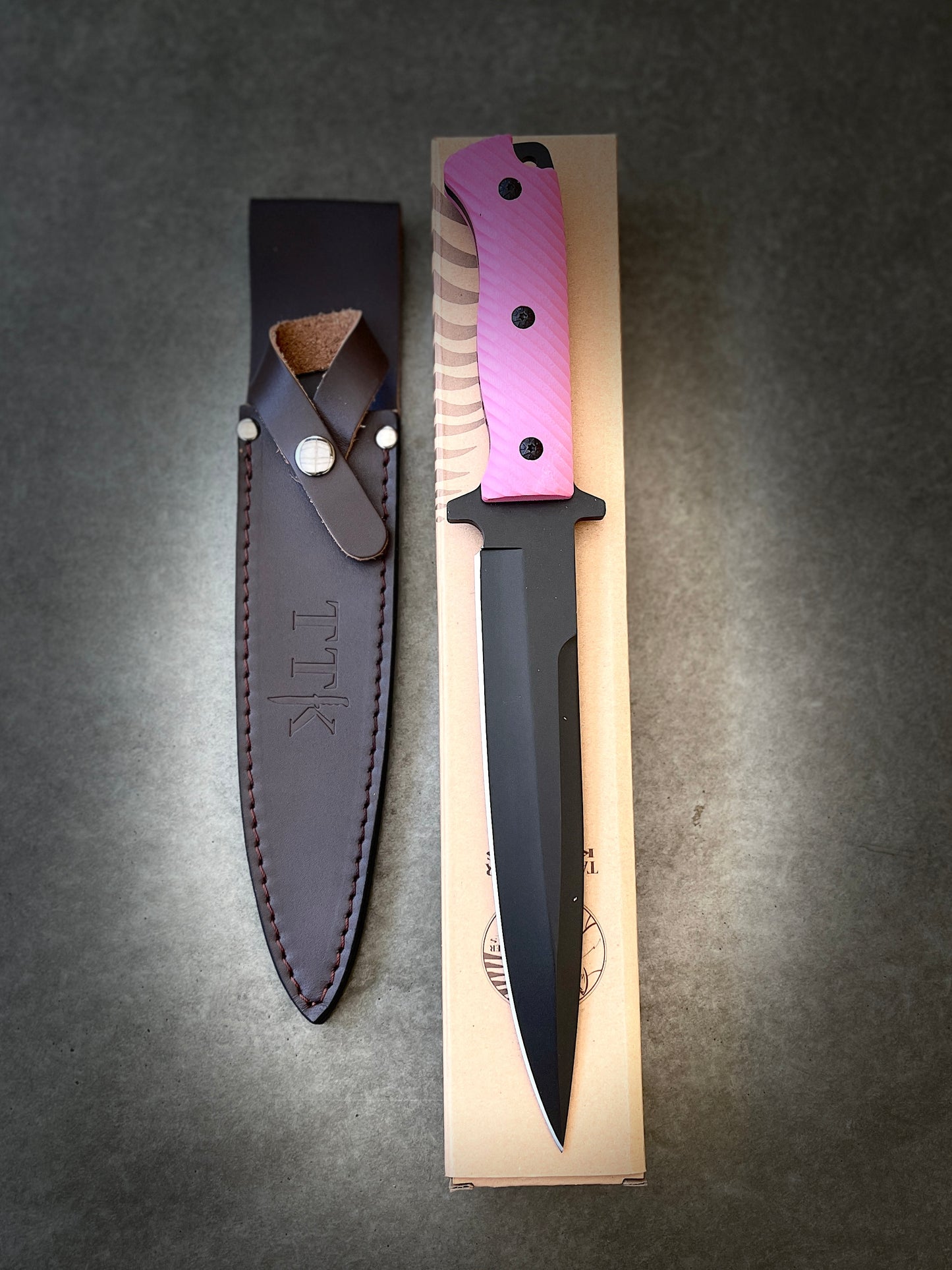 Pig Sticker 8″ Black Blade Hunting Knife , Pink G10 Non Slip Handle with Leather Sheath